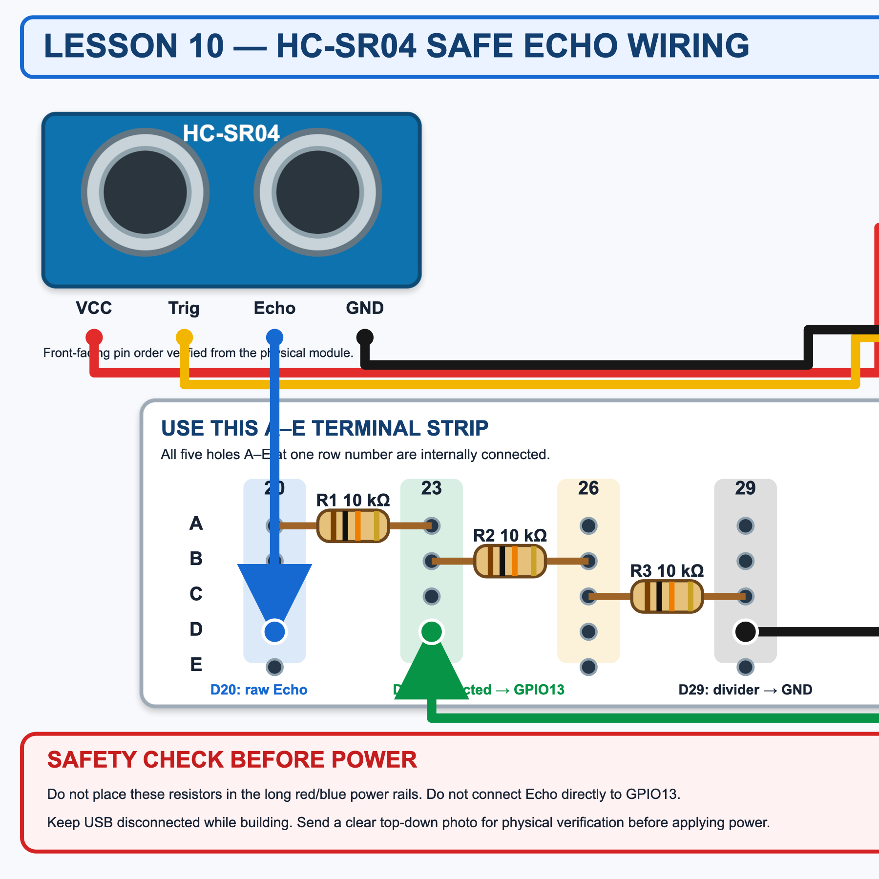 Checked wiring diagram showing the HC-SR04 Echo voltage divider and protected ESP32-S3 GPIO13 connection